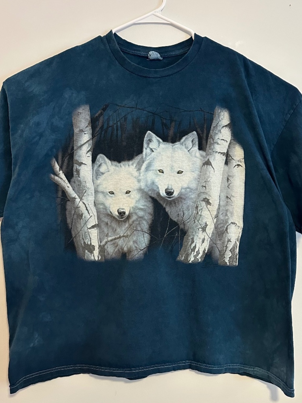 Men's The Mountain White Wolf Print T-Shirt 3XL Blue Tie Dye Y2K Short Sleeve